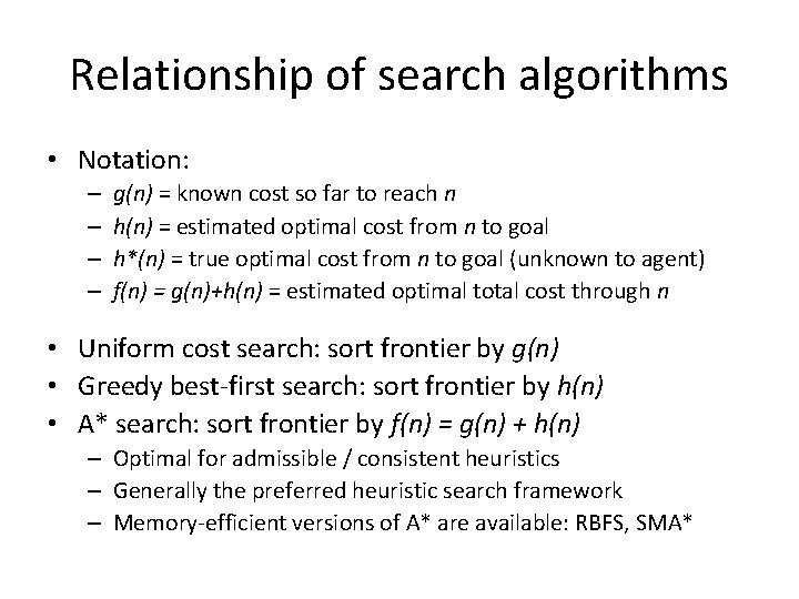 Relationship of search algorithms • Notation: – – g(n) = known cost so far