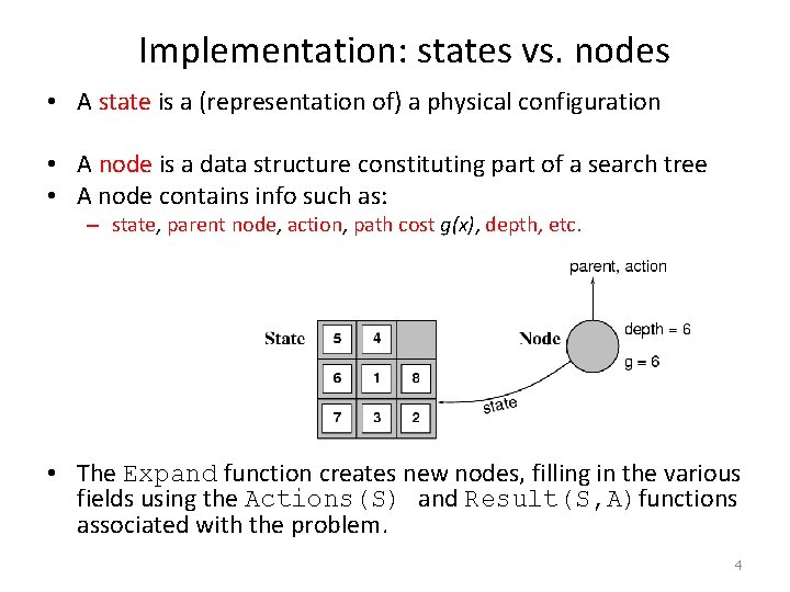 Implementation: states vs. nodes • A state is a (representation of) a physical configuration