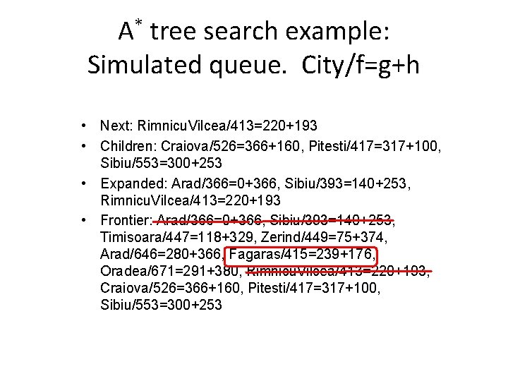 A* tree search example: Simulated queue. City/f=g+h • Next: Rimnicu. Vilcea/413=220+193 • Children: Craiova/526=366+160, A* tree search example: Simulated queue. City/f=g+h • Next: Rimnicu. Vilcea/413=220+193 • Children: Craiova/526=366+160,