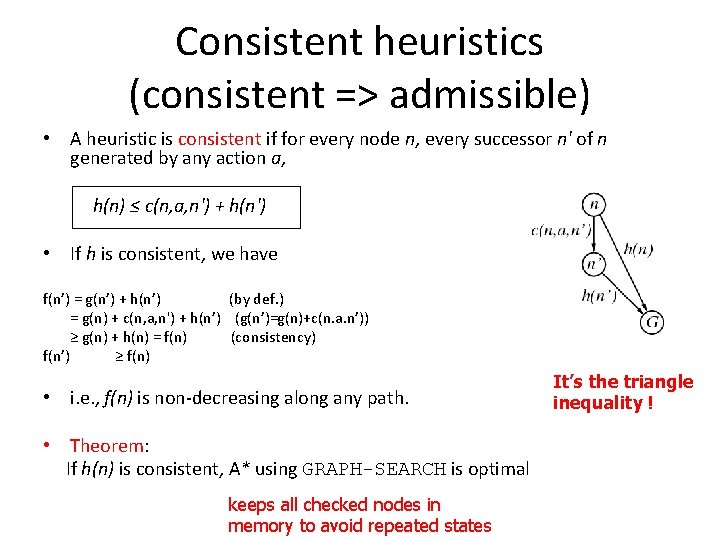 Consistent heuristics (consistent => admissible) • A heuristic is consistent if for every node Consistent heuristics (consistent => admissible) • A heuristic is consistent if for every node