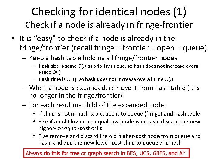 Checking for identical nodes (1) Check if a node is already in fringe-frontier • Checking for identical nodes (1) Check if a node is already in fringe-frontier •