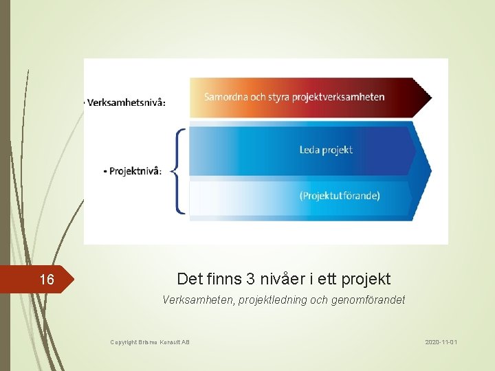 16 Det finns 3 nivåer i ett projekt Verksamheten, projektledning och genomförandet Copyright Brismo