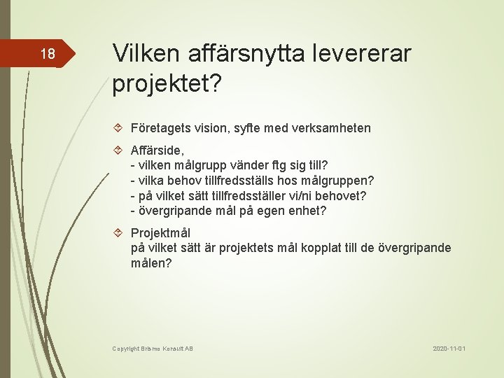18 Vilken affärsnytta levererar projektet? Företagets vision, syfte med verksamheten Affärside, - vilken målgrupp