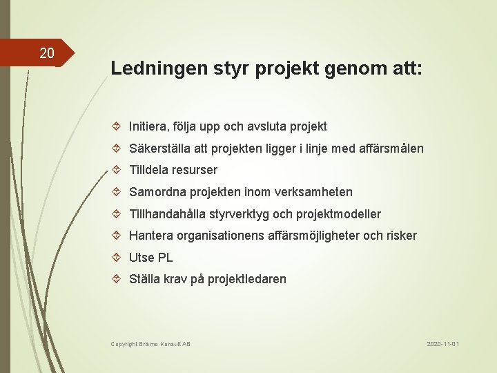 20 Ledningen styr projekt genom att: Initiera, följa upp och avsluta projekt Säkerställa att
