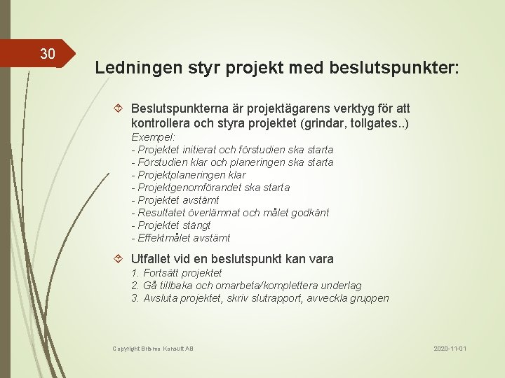 30 Ledningen styr projekt med beslutspunkter: Beslutspunkterna är projektägarens verktyg för att kontrollera och