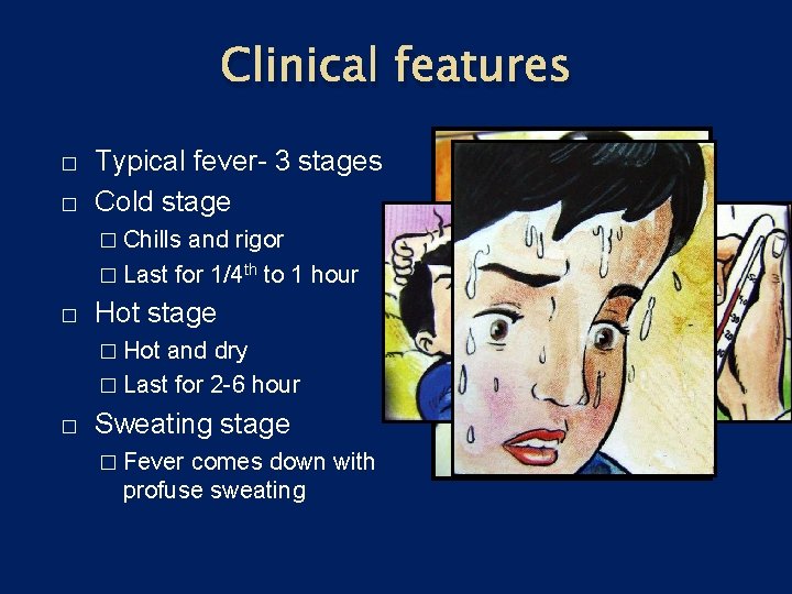 Clinical features � � Typical fever- 3 stages Cold stage � Chills and rigor