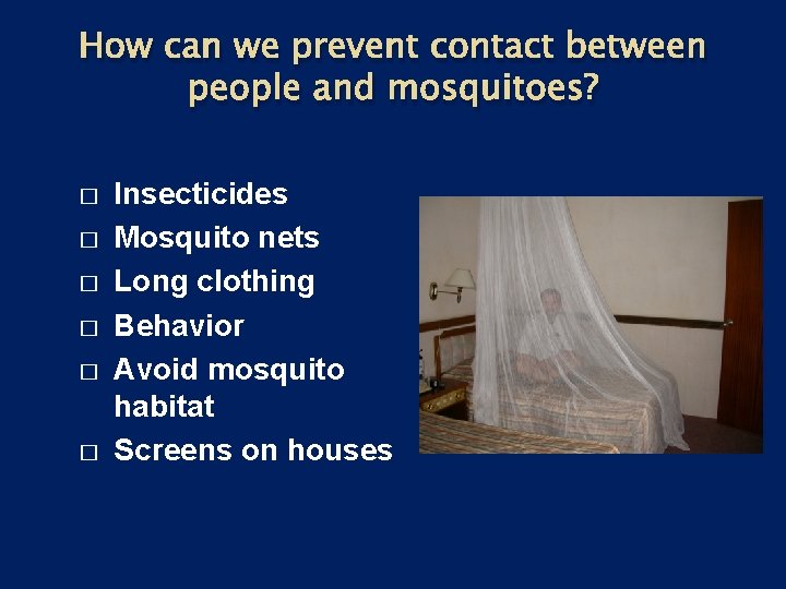 How can we prevent contact between people and mosquitoes? � � � Insecticides Mosquito