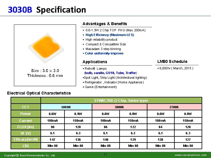 3030 B Specification Advantages & Benefits § 0. 6 -1. 3 W 2 Chip