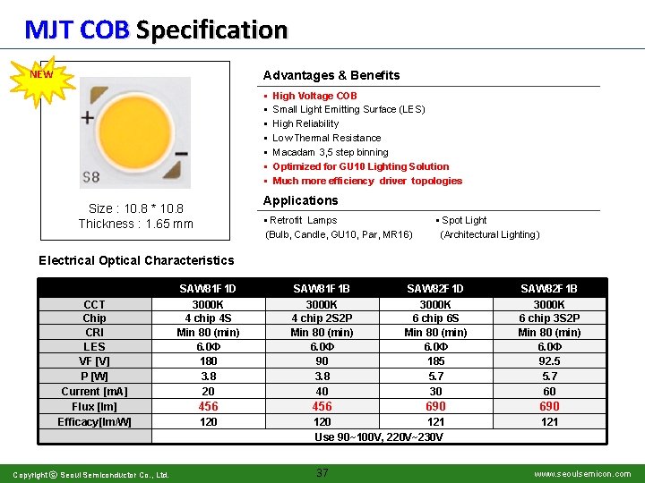 MJT COB Specification NEW Advantages & Benefits § § § § High Voltage COB