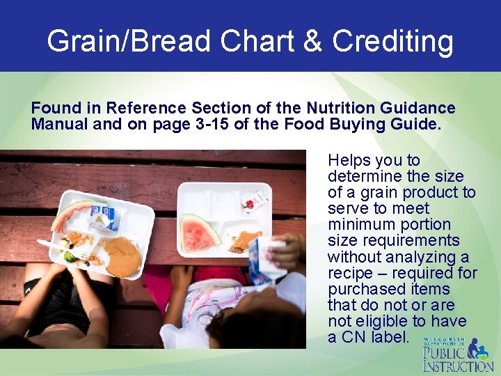 Grain/Bread Chart & Crediting Found in Reference Section of the Nutrition Guidance Manual and