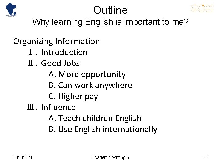 Outline Why learning English is important to me? Organizing Information Ⅰ．Introduction Ⅱ．Good Jobs A.