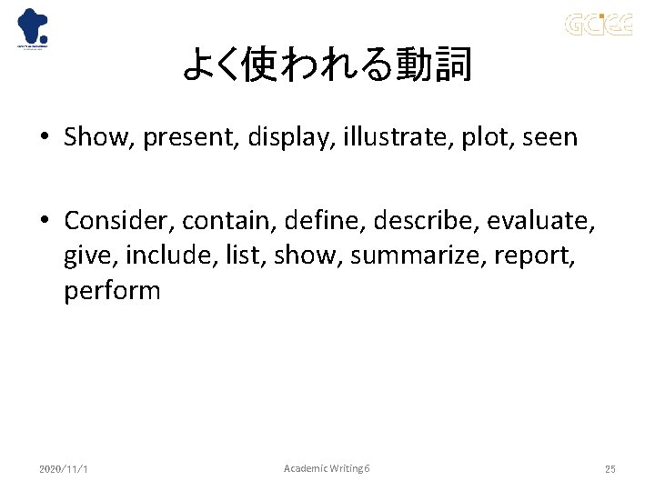 よく使われる動詞 • Show, present, display, illustrate, plot, seen • Consider, contain, define, describe, evaluate,