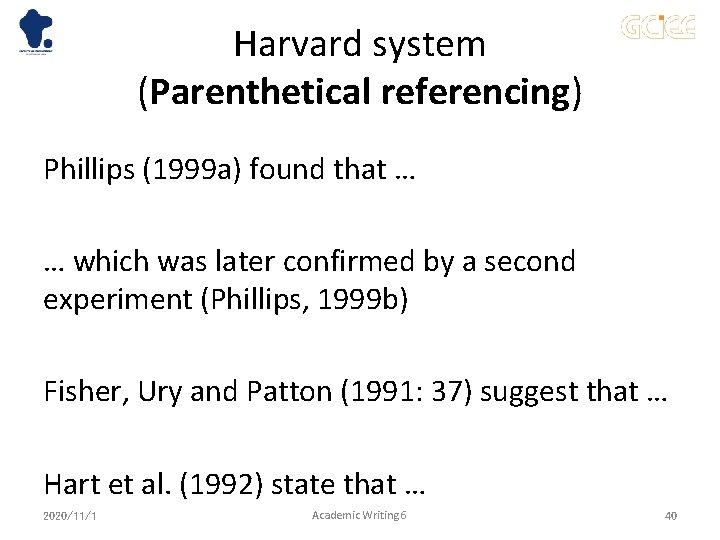 Harvard system (Parenthetical referencing) Phillips (1999 a) found that … … which was later