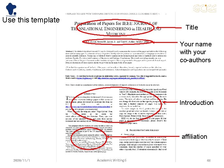 Use this template Title Your name with your co-authors Introduction affiliation 2020/11/1 Academic Writing