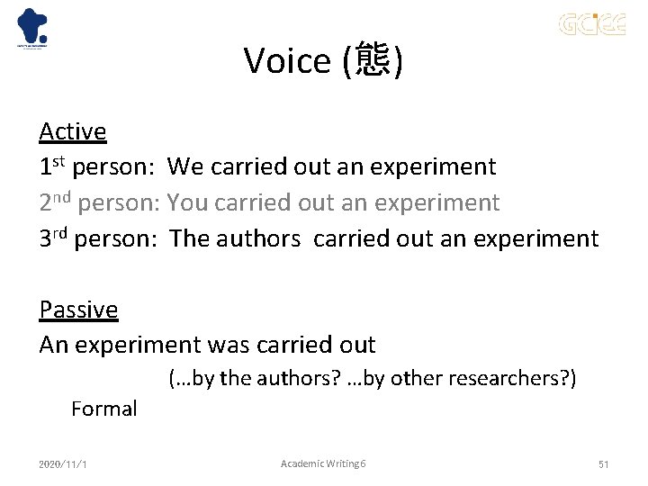 Voice (態) Active 1 st person: We carried out an experiment 2 nd person: