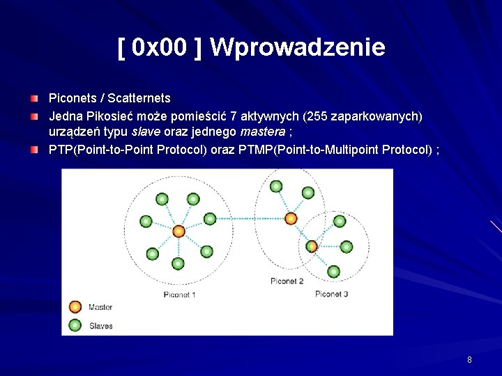 [ 0 x 00 ] Wprowadzenie Piconets / Scatternets Jedna Pikosieć może pomieścić 7