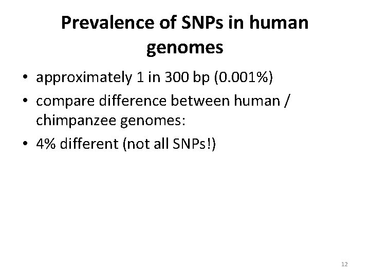 Prevalence of SNPs in human genomes • approximately 1 in 300 bp (0. 001%)