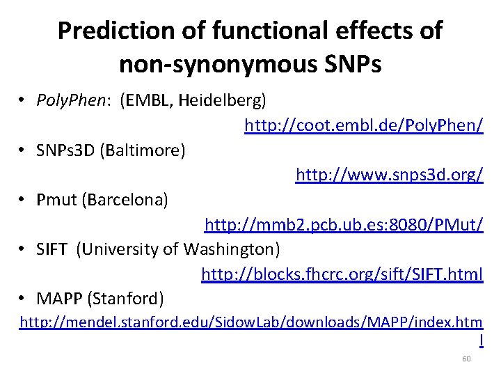 Prediction of functional effects of non-synonymous SNPs • Poly. Phen: (EMBL, Heidelberg) http: //coot.