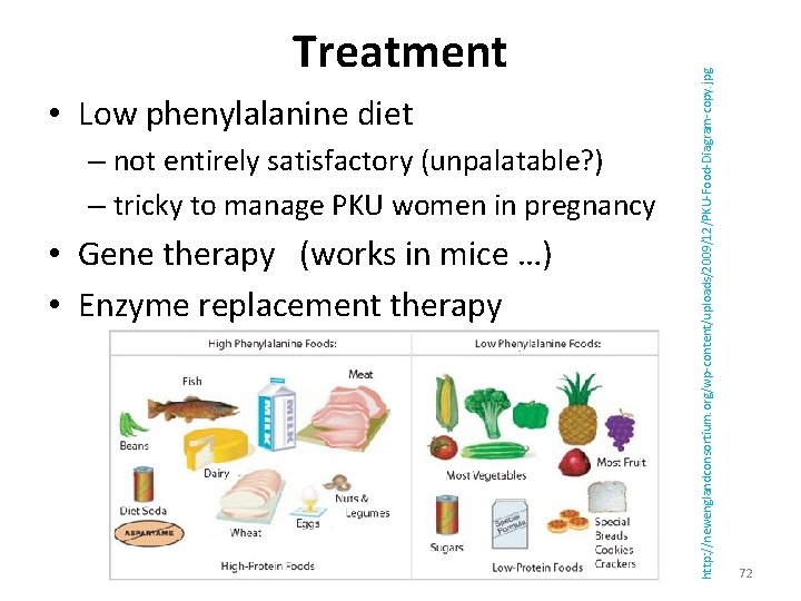  • Low phenylalanine diet – not entirely satisfactory (unpalatable? ) – tricky to