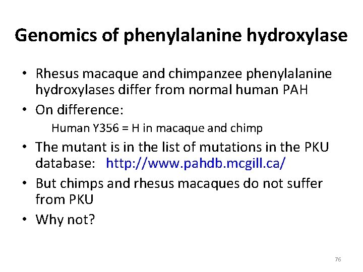 Genomics of phenylalanine hydroxylase • Rhesus macaque and chimpanzee phenylalanine hydroxylases differ from normal