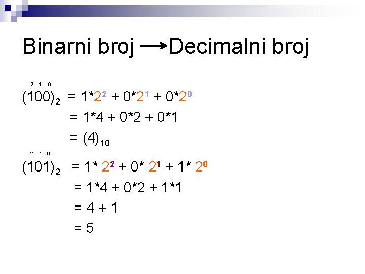 Binarni broj 2 1 Decimalni broj 0 (100)2 = 1*22 + 0*21 + 0*20