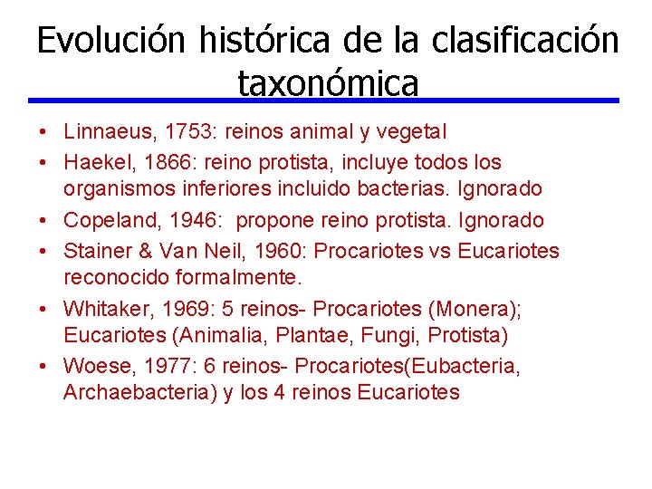 Evolución histórica de la clasificación taxonómica • Linnaeus, 1753: reinos animal y vegetal •