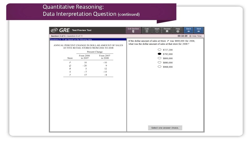 Quantitative Reasoning: Data Interpretation Question (continued) 