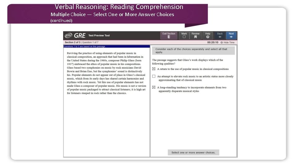Verbal Reasoning: Reading Comprehension Multiple Choice — Select One or More Answer Choices (continued)