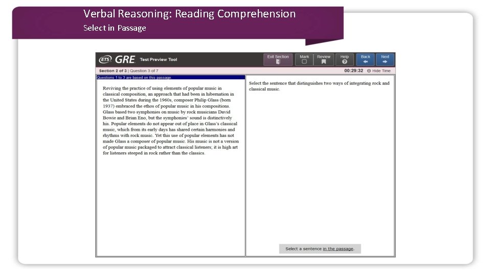 Verbal Reasoning: Reading Comprehension Select in Passage 