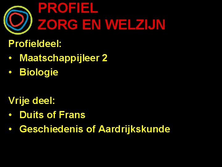 PROFIEL ZORG EN WELZIJN Profieldeel: • Maatschappijleer 2 • Biologie Vrije deel: • Duits