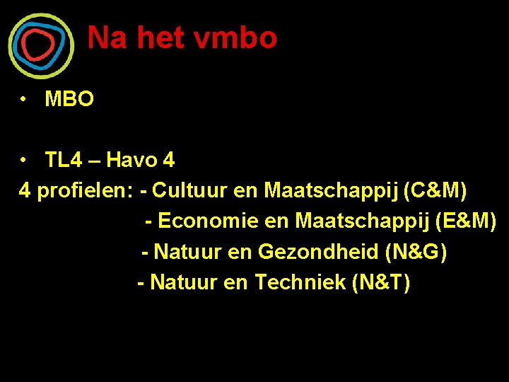 Na het vmbo • MBO • TL 4 – Havo 4 4 profielen: -