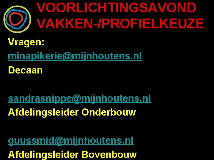 VOORLICHTINGSAVOND VAKKEN-/PROFIELKEUZE Vragen: minapikerie@mijnhoutens. nl Decaan sandrasnippe@mijnhoutens. nl Afdelingsleider Onderbouw guussmid@mijnhoutens. nl Afdelingsleider Bovenbouw