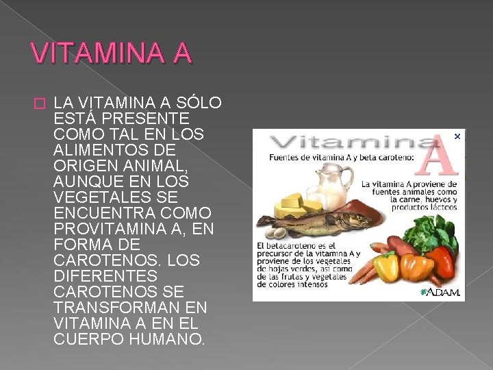 VITAMINA A � LA VITAMINA A SÓLO ESTÁ PRESENTE COMO TAL EN LOS ALIMENTOS