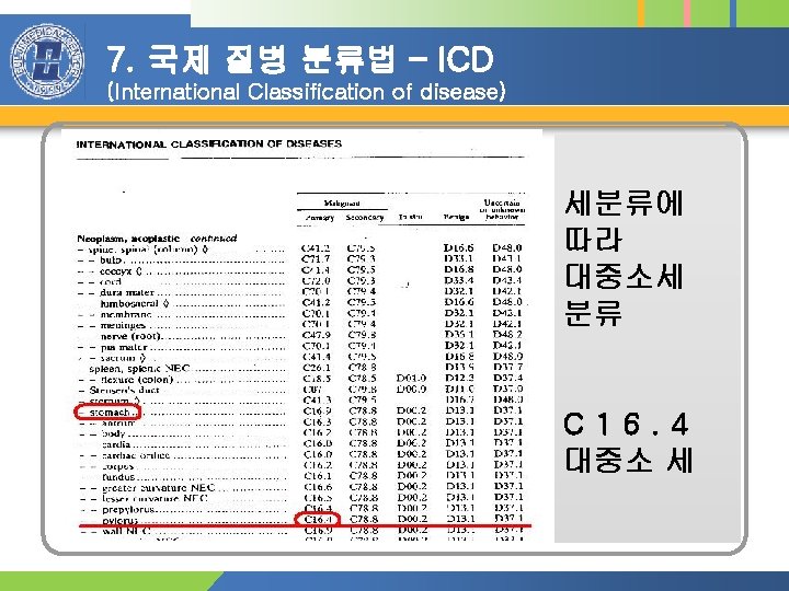 7. 국제 질병 분류법 – ICD (International Classification of disease) 세분류에 따라 대중소세 분류