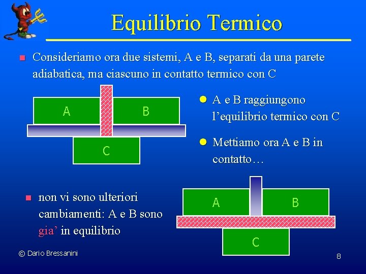 Equilibrio Termico n Consideriamo ora due sistemi, A e B, separati da una parete