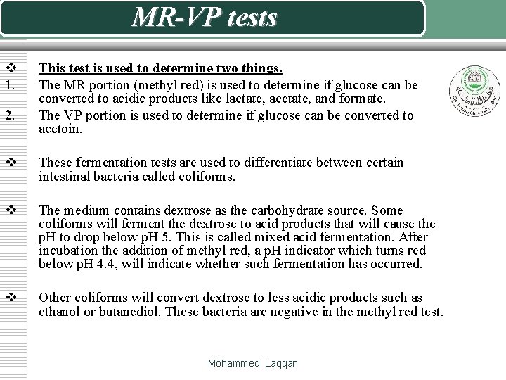 MR-VP tests v 1. 2. This test is used to determine two things. The