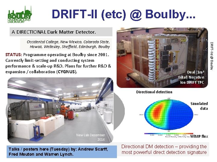 DRIFT-II (etc) @ Boulby. . . A DIRECTIONAL Dark Matter Detector. STATUS: Programme operating