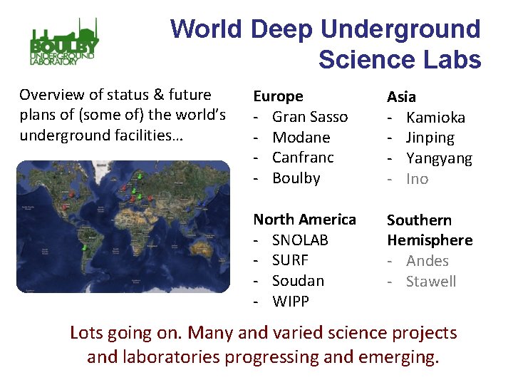 World Deep Underground Science Labs Overview of status & future plans of (some of)