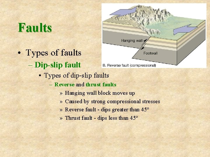 Faults • Types of faults – Dip-slip fault • Types of dip-slip faults –