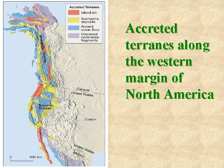 Accreted terranes along the western margin of North America 