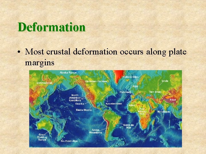 Deformation • Most crustal deformation occurs along plate margins 