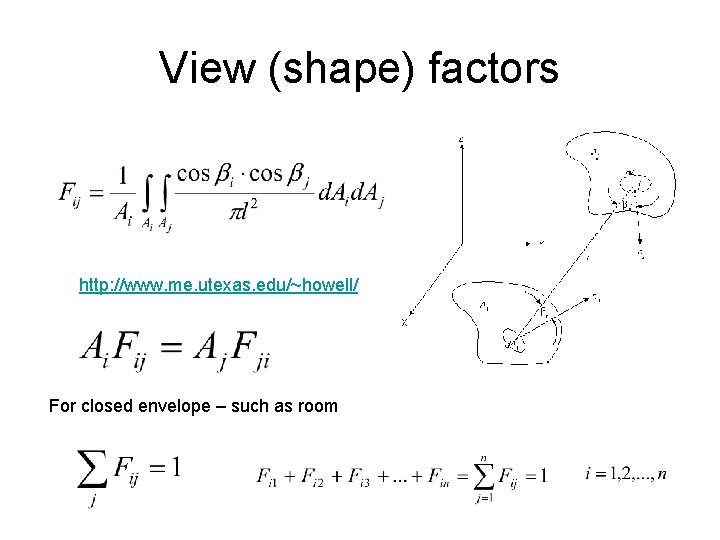View (shape) factors http: //www. me. utexas. edu/~howell/ For closed envelope – such as