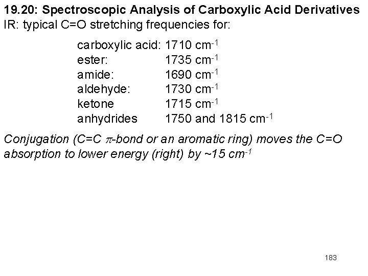19. 20: Spectroscopic Analysis of Carboxylic Acid Derivatives IR: typical C=O stretching frequencies for: