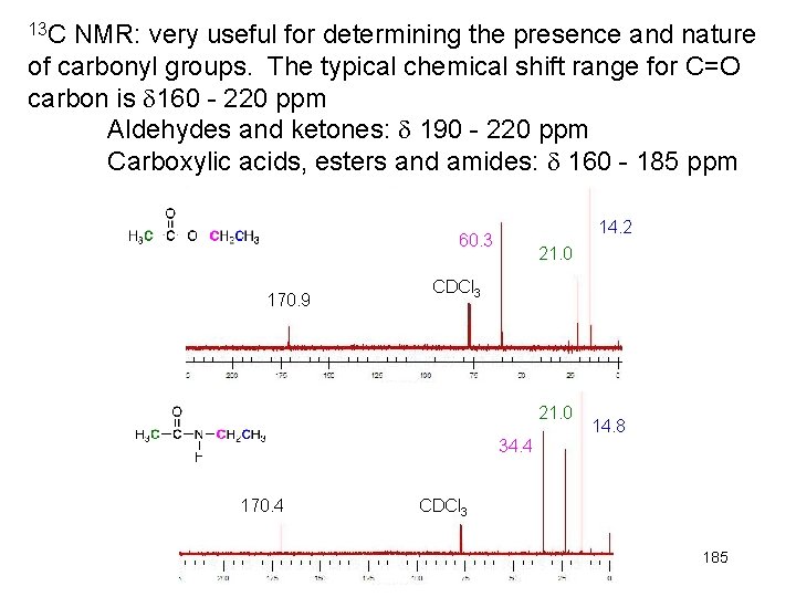 13 C NMR: very useful for determining the presence and nature of carbonyl groups.