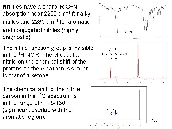 Nitriles have a sharp IR C N absorption near 2250 cm 1 for alkyl