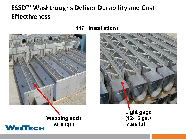 ESSD™ Washtroughs Deliver Durability and Cost Effectiveness 417+ installations Webbing adds strength Light gage