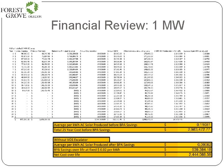 Financial Review: 1 MW 