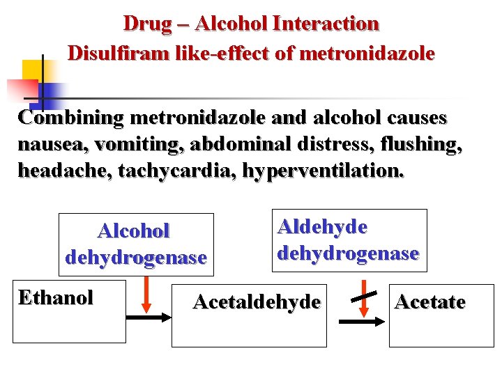 Drug – Alcohol Interaction Disulfiram like-effect of metronidazole Combining metronidazole and alcohol causes nausea, Drug – Alcohol Interaction Disulfiram like-effect of metronidazole Combining metronidazole and alcohol causes nausea,
