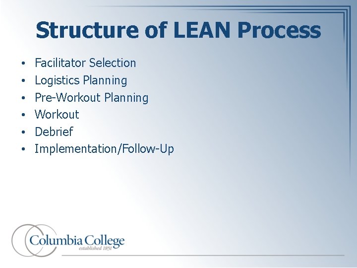 Structure of LEAN Process • • • Facilitator Selection Logistics Planning Pre-Workout Planning Workout