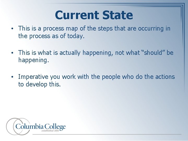 Current State • This is a process map of the steps that are occurring
